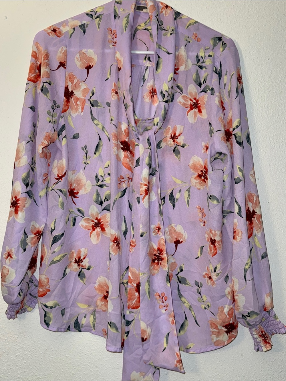 Pleione Lavender Floral Tie-Neck Blouse-long sleeve, flowy, business or casual L